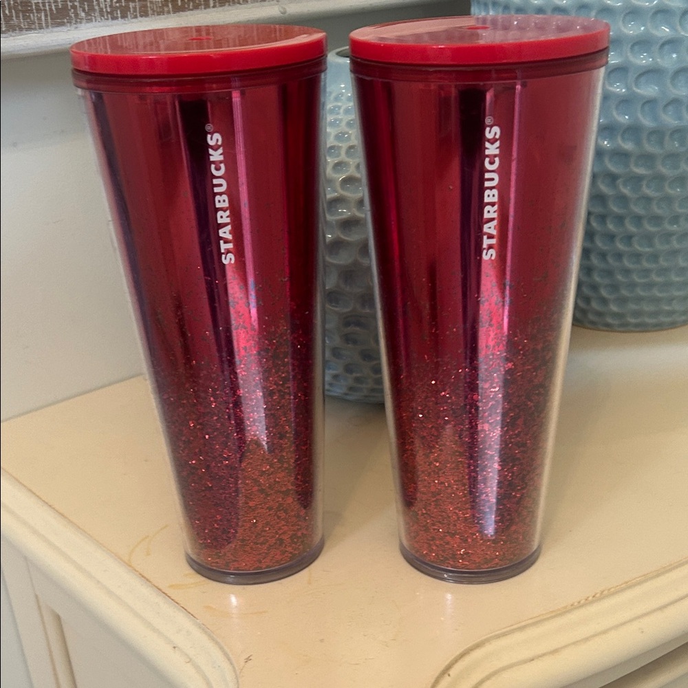 STARBUCKS 2019 Red Cascading Glitter Cold Cup Tumbler 24 oz NEVER USED 2 avail